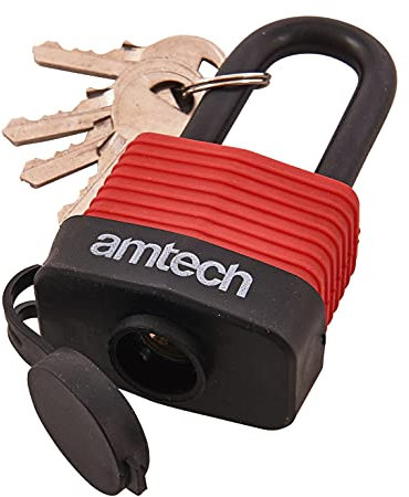 Amtech T0760 40mm Long Shackle Weatherproof Padlock, Outdoor Padlock, 4 Keys, Wide Range of Security Applications Black & Red