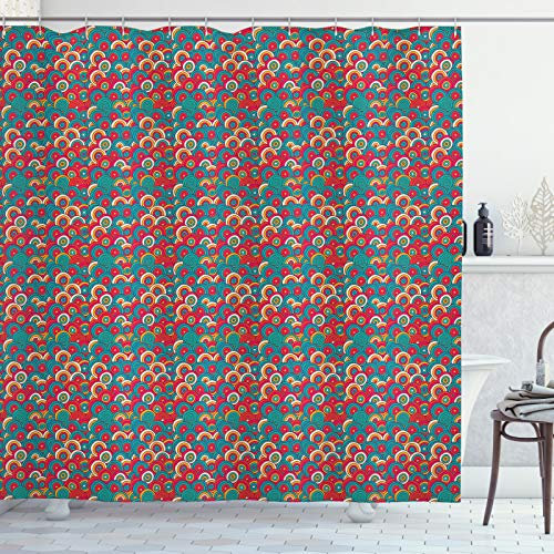 ABAKUHAUS Abstrakt Duschvorhang, Bunte Komplizierte Kreise, Stoffliches Gewebe Badezimmerdekorationsset mit Haken, 175 x 180 cm, Ringelblume Dunkle Koralle