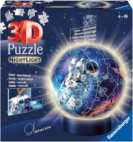 Ravensburger 3D Puzzle 11264 - Nachtlicht Puzzle-Ball Astronauten im Weltall - ab 6 Jahren, LED Nachttischlampe mit Klatsch-Schalter