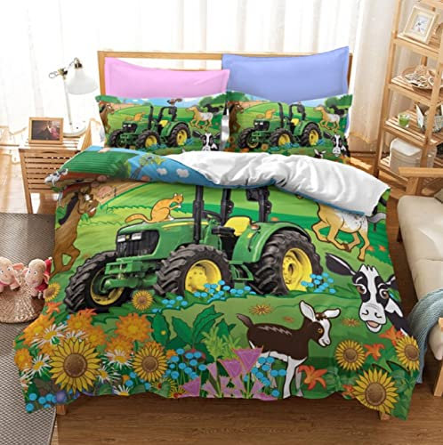 Bettwäsche 135 X 200 Bauernhof Traktoren：3 Teilig Set Komfortgröße Atmungsaktive Kinder Bettwäsche Muster-Mit Verdeckter Reißverschluss-for Kinder Mädchen135x200cm