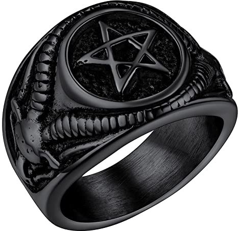 FaithHeart Schwarz herren männer Fingerring Punk Retro Siegelring Inverted Pentagram Partnerring Freundschaftsring mit Namen Text Gravur für Paar Pärchen
