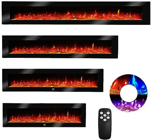 Elektrokamin Wandkamin Ben 250cm mit LED Flammensimulation - Farbwechsel - inkl. Fernbedienung, Timer & Dimmer Max.1800 Watt - Elektrischer Kamin Heizung Heizlüfter Glasfront