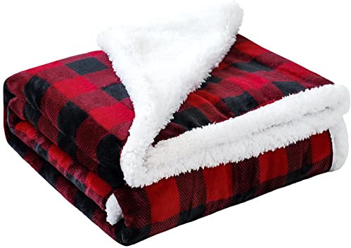JOTOM Super Soft Fleece Throw Blanket Warm Thick Cozy Christmas Blanket Winter Fluffy Buffalo Plaid Couch Throw Blanket Holiday Plush Blanket for Sofa Single Bed Travel 127x152cm (Red Black Plaid)