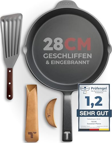 TECOR padella ghisa induzione 28 cm levigata - Naturalmente antiaderente e universale per tutte le fonti di calore - Resistente e versatile per cuochi amatoriali e professionisti - Cast Iron Skillet