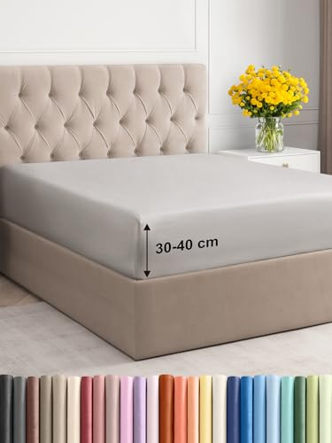 Spannbettlaken 100x200cm Hellgrau - Extra Tiefes Spannbetttuch für Matratzen & Boxspringbett bis 40cm (16) Höhe - Mikrofaser - Weiche Gebürstete - Knitterfrei, Schrumpf- & Farbbeständig - Oeko-TEX