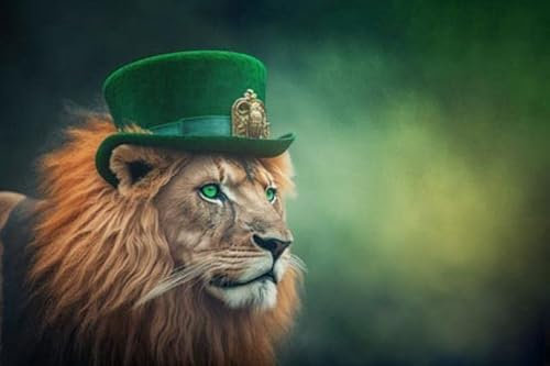 Tableau composite en aluminium 60 x 40 cm : Lion puissant avec chapeau vert célébrant la Saint Patrick sur fond flou. Generative KI (199422567)
