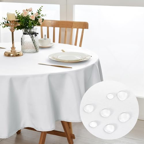 DWCN Weiß Tischdecke Rund 160cm Fleckschutz Abwaschbar Geburtstag Party | Outdoor Tischdecke Weihnachten Wasserabweisend Waschbar Polyester Tischtuch für Esszimmer,Garten,Hochzeiten oder Haushal