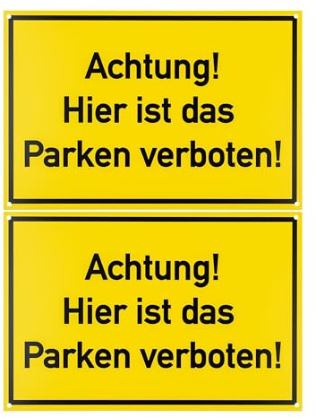 Verbotsschild Achtung! Hier ist das Parken verboten!, 2 Stück, 30 x 20 cm, 1 mm starkes PVC Schild mit Bohrlöchern, Parkverbot Hinweis für Innen- und Außenbereich, Schilder Privatparkplatz Pfosten