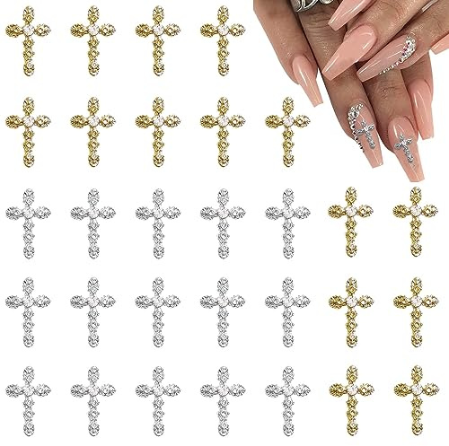 Kryzalite® 15 Stück Gold + 15 Stück Silber 3D-Kreuz-Nagelanhänger, Funkeln und Glänzen, Diamanten Nail-Art-Zubehör für Damen-DIY-Schmuck, Nagelkunst und Kunsthandwerk