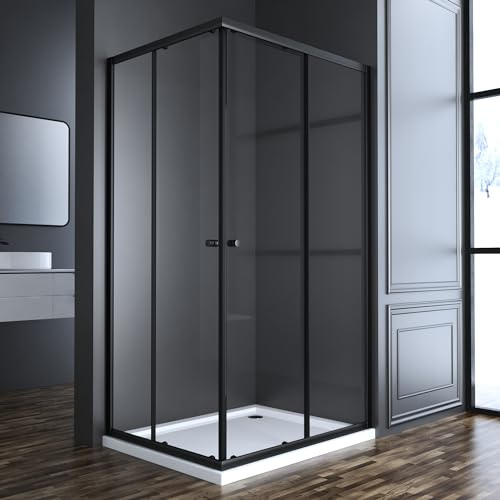 Duschkabine Eckeinstieg 80x100cm Schwarz Duschabtrennung mit Doppel Schiebetür, 100x80cm Schiebetüren Duschwand aus 6mm ESG gehärtetes Glas, Dusche Sicherheitsglas Duschtür Höhe 185cm