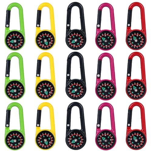 Vegena 15 Pcs Kompass Mit Karabinerhaken, Kompass Schlüsselanhänger, Kompass Karabiner Outdoor, Mini Kompass Taschenkompass Schlüsselanhänger Karabiner Für Camping, Wandern,Reisen