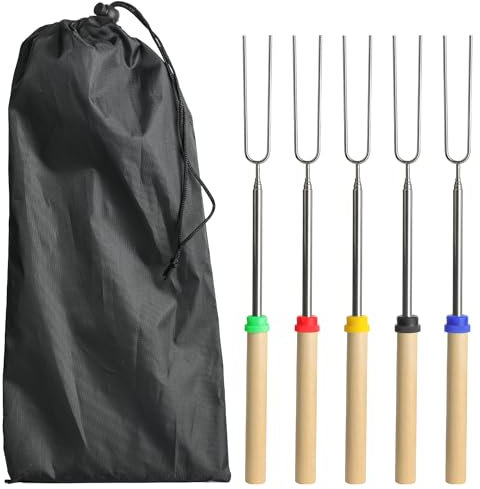 5 Stück Marshmallow Röstgabeln, Teleskop Marschmallows Röstsets, 31CM bis 81CM Teleskop Edelstahl U förmige Hot Dog Gabeln mit Griffen für Grill Lagerfeuerparty, BBQ Campfire Party