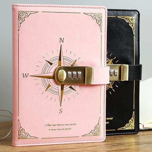 Lvpradior Diary with Lock, 400 pages PU Leather Journal with Combination Lock, Vintage Lock Diary for Women Men, Personal Organizers Planner, Secret Diaries Notebook Protection of Privacy (Pink)