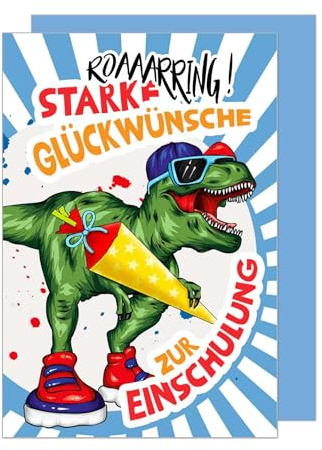 Edition Seidel Premium Glückwunschkarte zur Einschulung mit Umschlag. Einschulungskarte Grußkarte Karte zum Schulanfang Schuleinführung Schulstart Spruch Mädchen Junge 1. Klasse Dino (ES146 SW024)