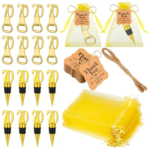 Tioncy Confezione da 24 bomboniere per 70° compleanno per gli ospiti 70° compleanno tappo vino apribottiglie con etichette e sacchetti in rete per 70° anniversario di matrimonio souvenir bomboniere