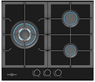 Vitrokitchen CG630NN - Placa Cristal Gas Natural 3 fuegos con encendido electrónico, seguridad Gas-Stop, 60cm