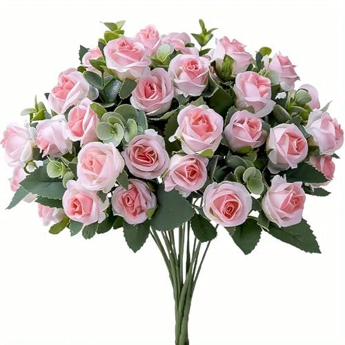TVIVID Künstliche Blumengirlande im Vintage-Stil, 10 Köpfe, Seide, weiße Rosen mit Eukalyptusblättern, Pfingstrosen, Blumenstrauß, dekorative Girlanden für Hochzeit