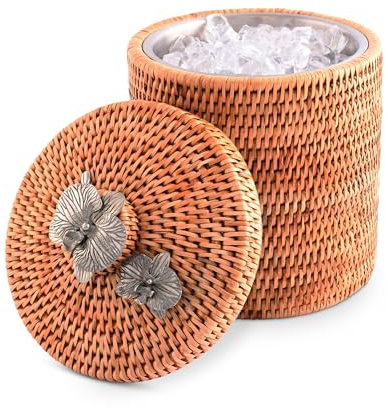 Vagabond House Wicker Ice Bucket with Pewter Orchid Knob, Stainless Steel Lining, Hand Woven Rattan, 8 Inches Tall - Perfect Beach Essentials, Beach House - Champagne Holder Basket Woven Decor