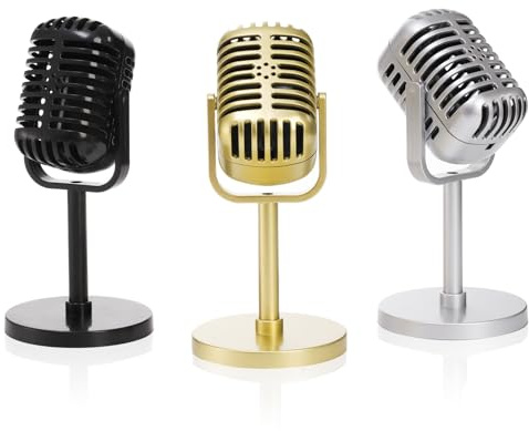 WRINGKIT 3 Pack Retro Mikrofon Prop, Classic Vintage Mikrofon Prop Modell mit Ständer, Kunststoff Mikrofone Kostüm Prop für Antik Classic Party Dekor, Gold Silber Schwarz