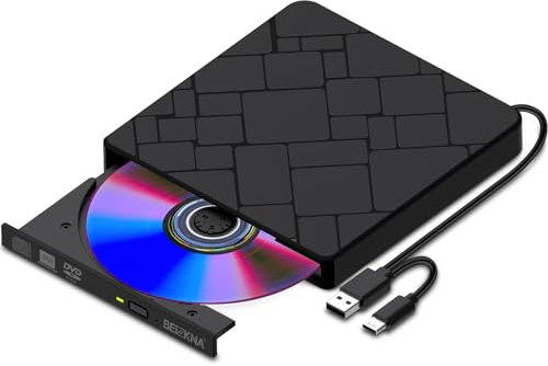 Beizkna Masterizzatore DVD Esterno, Lettore CD Esterno per PC Portatile USB 3.0 e Type-C DVD CD+/-RW Unità Ultra Slim per PC, Desktop, MacBook, iMac, Windows 11/10/8/7/XP/Vista/Linux/Mac/OS, Nero