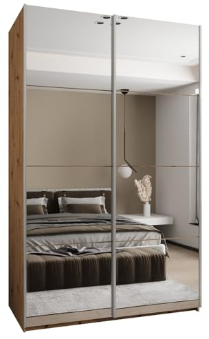 ABIKSMEBLE LUX 2 Armoire à 2 Portes Coulissantes avec Miroir, Fermeture Silencieuse - Système HETTICH Topline L - pour Salon, Chambre à Coucher - 245,5x150x64cm - Artisan, Artisan, Argent