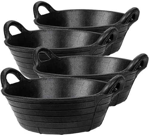 Flexible Rubber Skip Feed Bucket Feeder Trough with Integrated Handles - Pack of 4 Skip Feeds - 11L - Black