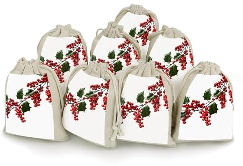 JTKBNVM 8 sacchetti in mussola con coulisse e rami di bacche di agrifoglio, sacchetti regalo riutilizzabili per spezie, piccoli sacchetti regalo in iuta per cucinare gioielli e tè