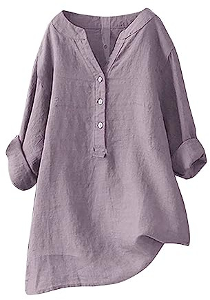 Longbluse Damen Sommer Button-Down Shirts Übergröße Musselin Bluse Casual Leinenbluse Atmungsaktive Tunika Tops,Violett,L