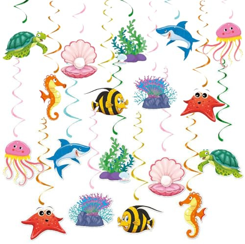 36 Stück Fisch Deko Set Hängende Wirbel Decke Dekor Kreative Unterwasser Deko Meerestiere Dekorationen für Ozean Party, Kindergeburtstag, Babyshower