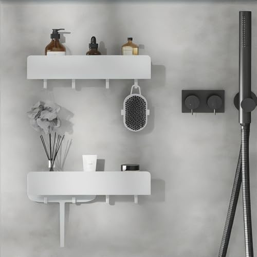 REKITA Duschablage ohne Bohren - 2 Stück, Badezimmer Organizer, Duschablage Edelstahl mit 4 Abnehmbaren Haken, Shampoo Halterung für Dusche, Hängeregal, Badregal Weiß