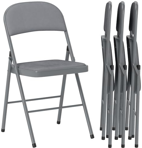 HOMCOM Lot de 4 chaises Pliantes chaises de Salle à Manger Portables intérieur avec assises et dossiers rembourrés en Velours et Cadre en Acier, Charge jusqu'à 120kg, Gris Clair