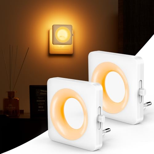 Luz Nocturna Infantil 1800K Ámbar, 2pcs LED Atenuación Continua Luz Nocturna Enchufe ON/OFF Automático con Sensor Crepuscular Incorporado Bajo Consumo para Dormitorio, Pasillo, Escaleras y Baño
