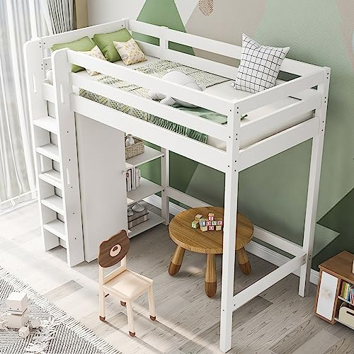 RIAZOS Kinderbett Hochbett 90x200 cm, Einzelbett mit Kleiderschrank und 6 Regalen, Etagenbett mit Ablagebrett, Weiß