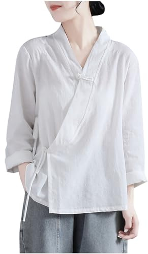 Long Sleeve Shirts for Women Elegant Wrap V-Neck Qipao Cheongsam Top Lightweight Casual Mandarin Collar Blouse Vintage Ethnic Style Button Tops Ladies Traditional Chinese Clothing White