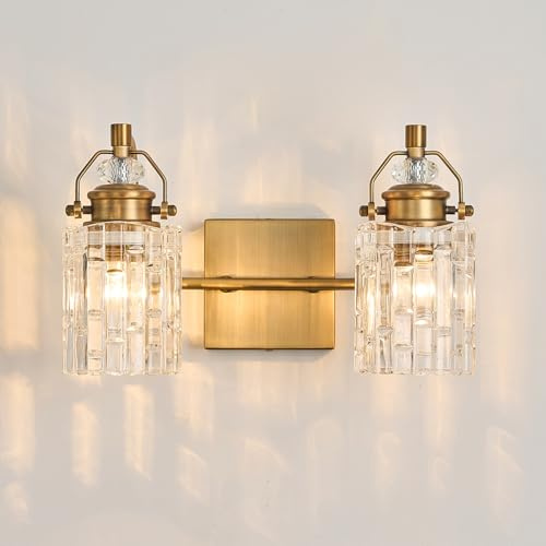 JSDKIUT 12.8-inch 2-Light, Vintage Vanity Light Brass Brushed Bathroom Fixture, E26 Socket Retro Wall lamp, Antique Brass Bathroom Light fixtures (Rust-Proof, Easy to Install, Bulb not Included)