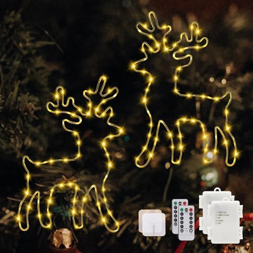 Beleuchtet Rentier Weihnachtsdeko Mit Timer,120 LED Warmweiß Fenster Beleuchtung Lichterketten mit Fernbedienung-8 Modi-für Weihnachten, Halloween,Vorhang, Balkon, Hochzeit (2 Stück)