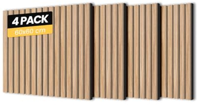 Walleu - 4er-Pack Dekorative Akustikpaneele 60 x 60 cm - Platten aus Natur-Eichenholz mit Schwarzem Filz - Einfach zu Installieren in der Dekoration – Eiche Natur Schwarzer Filz