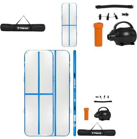 XTREXO Gymnastikbahn 400x100x10 cm Weiß – Aufblasbare Air Track Matte aus PVC, inkl. Pumpe und Klettverschlussband, rutschfeste Oberfläche für Gymnastik und Akrobatik (White, 300x100x10)