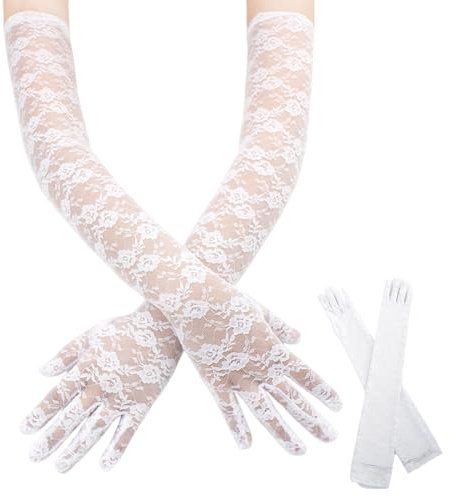 Spitzenhandschuhe Damen Lang Ellenbogenlange,Schwarze Handschuhe,Spitzenhandschuhe Schwarz,1920er Jahre Teeparty Hochzeit,Handschuhe Lang Elegante Tanz Zubehör,Oper Kostüm,Cosplay,Karneval (weiß)