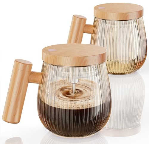 Mihoho Set di 2 pezzi di Tazza auto-commovente, tazza da miscelare da 400 ml, ad alta velocità adatta per caffè/latte/polvere di proteine, di in vetro a protezione termica con coperchio (oro A)