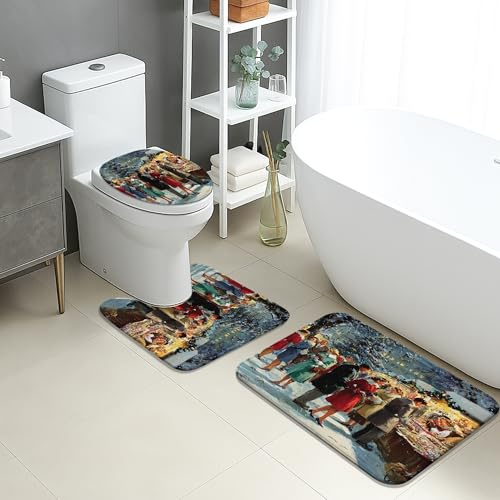 Weihnachts-Badematten-Set, 3-teilig, bunte Urlaubsszene, saugfähig, rutschfest, WC-Vorleger, U-förmig, waschbar, festlich, schnell trocknend, Flanell-Badezimmerteppich-Set