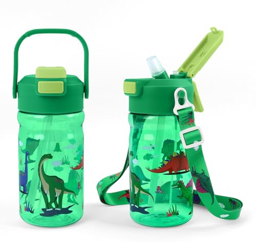 alldomess Kids Water Bottle Mist & Sip 2-In-1, 20Oz Plastic Kids Mist Water Bottle With Straw And Handle, Leakproof & Lightweight, Ideal For School And Outdoor, Dinosaur