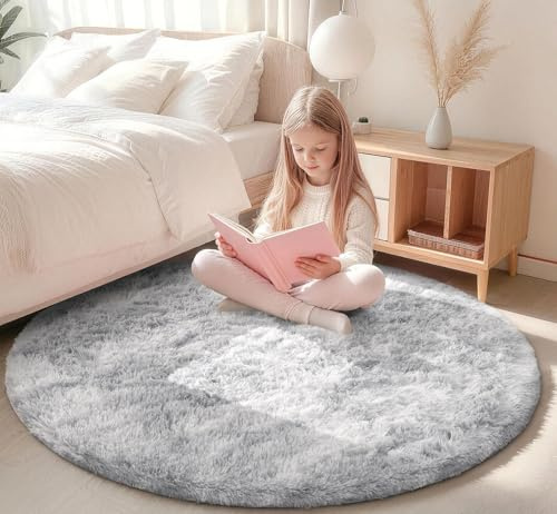 Homaxy Hochflor Flauschig Teppich Rund Wohnzimmer, Rund 120x120 cm | Anti-Rutsch Unterseite Weich Teppiche Waschbarer Moderner Matte fürs Kinderzimmer Schlafzimmer, Grau