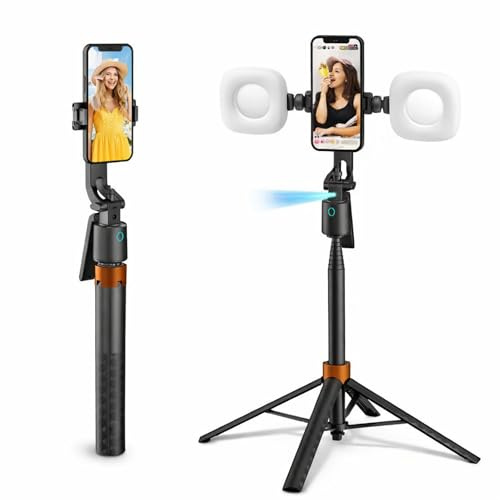 Auto Face Tracking Tripod 360° Rotation, AI Smart Phone Tripod with 2 Fill Lights, Gesture Control, 70 Extendable Stand with Remote, Stable 4-Leg Design for TikTok, Live Streaming