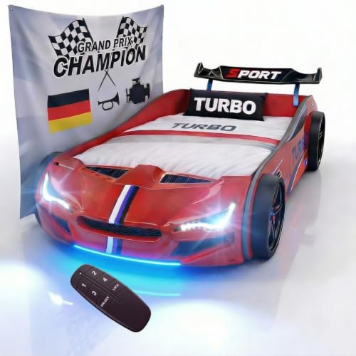Coemo Autobett GTE Kinderbett 90x200 Rennwagenbett, Farbe Rot | Sound Hupe Motor, LED-Leuchte Bett Sportwagen-Design Spoiler, Rennwagen Design, Racing-Aufklebern und markanter Fahrzeugfront