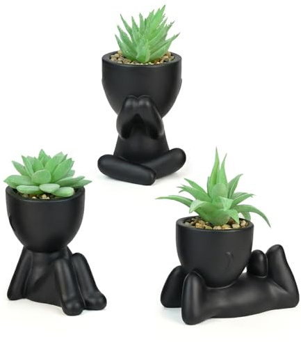 3Pcs Fake Succulent Plants Artificial, Mini Succulents Plants, Black Artificial Plant with Creative Human Shape Pots, Bathroom Plant Cute Bathroom Decorations for Bedroom Office Room Home Decor