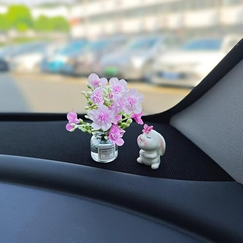 2 Stück Blumen Auto Armaturenbrett Dekoration, Mini Hasen und Pfirsichblütenvase, Auto Zubehör Innenraum Frauen Deko,Auto Deko Innenraum Kawaii,Auto Innenraum Deko Autodeko für Rückspiegel Tisch Büro