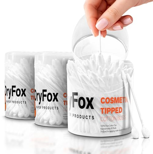 DryFox Cosmetic Tipped Cotton Buds 240pc (3x 80pc Box) Pointed Tip + Rounded Tip | Ideal for Health & Beauty, Make-Up, Nail Art Polish, Cosmetics, Personal Care. Made from 100% Paper