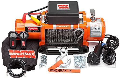 Winchmax 13500 lb / 6123 kg Verricello Elettrico Originale Arancione 24v. Corda Sintetica Dyneema SK75 da 28 m x 11 mm. Gancio per Cerniera da 3/8 di Pollice. Doppio Telecomando Senza Fili.