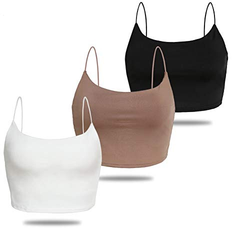 Amilia Women's Basic Solid Cami Spaghetti Double Layer Crop Tank Top (Black&White&Light Brown, M)